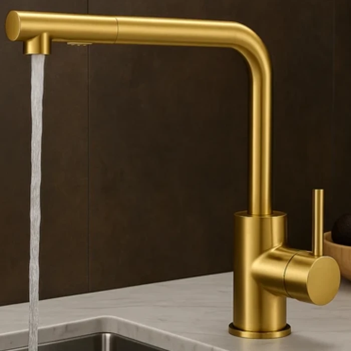 ברז מטבח נשלף זהב מוברש מסדרת Lo?s מבית Waterfall