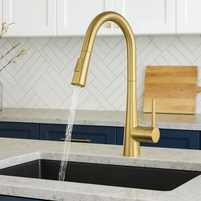 ברז מטבח נשלף זהב מוברש מסדרת Hilo מבית Waterfall