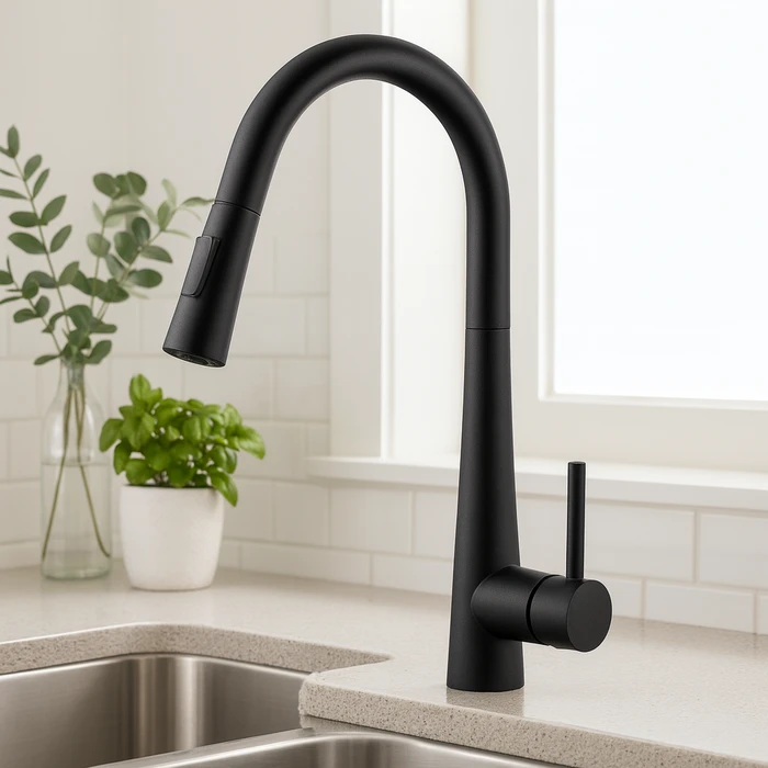 ברז מטבח נשלף שחור מסדרת Hilo מבית Waterfall – תמונה 3